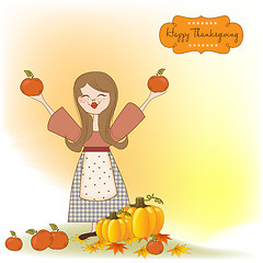 Image showing autumn girl with apples and pumpkins