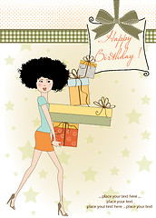 Image showing birthday card - pretty young lady with arms full of gifts