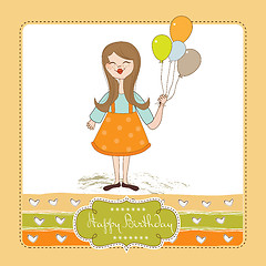 Image showing Funny girl with balloon, birthday greeting card