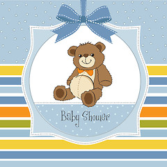 Image showing baby shower card with cute teddy bear toy