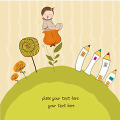 Image showing greeting card with a baby sitting on a flower