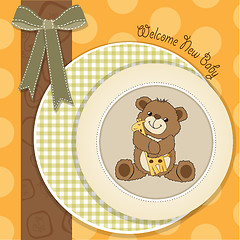 Image showing baby shower card with teddy bear and his toy