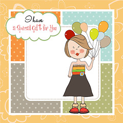 Image showing Funny girl with balloon, birthday greeting card