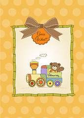 Image showing baby shower card with teddy bear and train toy