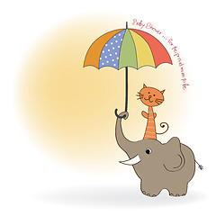 Image showing baby shower card with funny elephant and little cat under umbrel