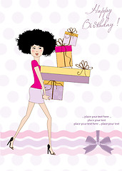 Image showing birthday card - pretty young lady with arms full of gifts