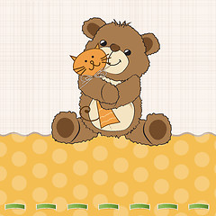 Image showing childish greeting card with teddy bear and his toy