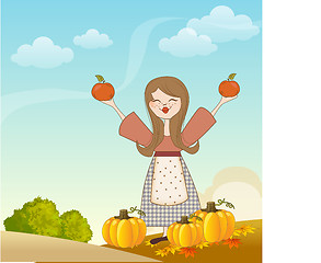 Image showing autumn girl with apples and pumpkins