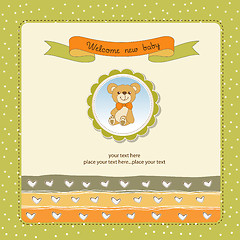 Image showing baby shower card with teddy bear toy