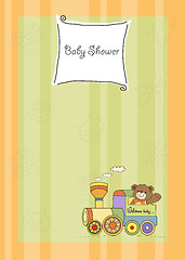 Image showing baby shower card with teddy bear and train toy