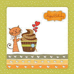 Image showing birthday greeting card with cupcake and cat