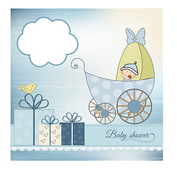 Image showing baby boy announcement card with baby and pram