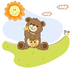 Image showing childish greeting card with teddy bear and his toy