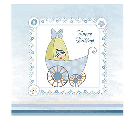 Image showing baby boy announcement card with baby and pram