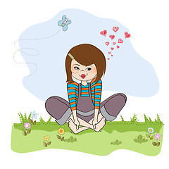 Image showing romantic girl sitting barefoot in the grass