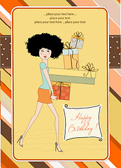 Image showing birthday card - pretty young lady with arms full of gifts