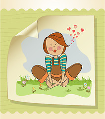 Image showing romantic girl sitting barefoot in the grass