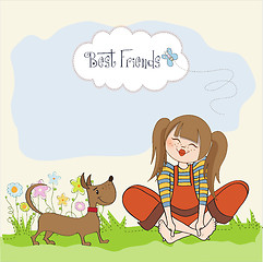 Image showing romantic girl sitting barefoot in the grass with her cute dog