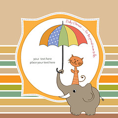 Image showing baby shower card with funny elephant and little cat under umbrel