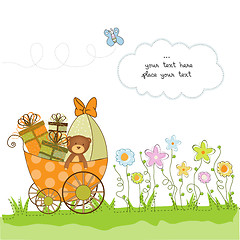 Image showing new baby announcement card with pram