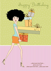 Image showing birthday card - pretty young lady with arms full of gifts