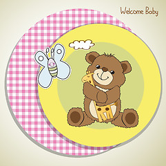 Image showing baby shower card with teddy bear and his toy