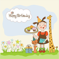 Image showing Happy Birthday card with funny girl, animals and cupcakes