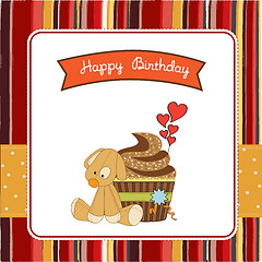 Image showing birthday greeting card with cupcake and puppy toy