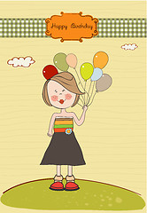 Image showing Funny girl with balloon, birthday greeting card