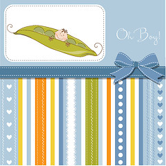 Image showing little boy sleeping in a pea been, baby announcement card