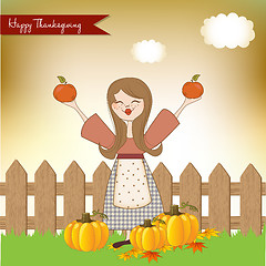 Image showing autumn girl with apples and pumpkins