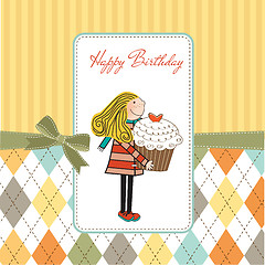 Image showing Happy Birthday card with girl and cup cake