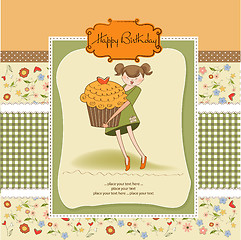 Image showing Happy Birthday card with girl and cup cake