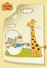 Image showing welcome baby card with broken egg and giraffe