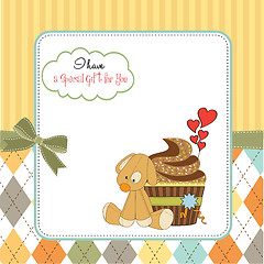 Image showing birthday greeting card with cupcake and puppy toy