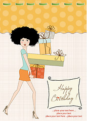 Image showing birthday card - pretty young lady with arms full of gifts