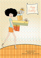 Image showing birthday card - pretty young lady with arms full of gifts