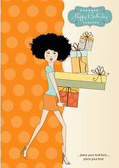 Image showing birthday card - pretty young lady with arms full of gifts