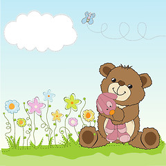 Image showing childish greeting card with teddy bear and his toy