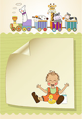 Image showing baby boy playing with his duck toy, welcome baby card