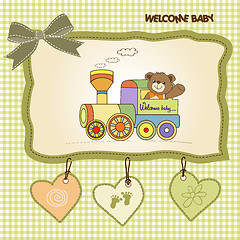 Image showing baby shower card with teddy bear and train toy