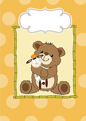 Image showing childish greeting card with teddy bear and his toy