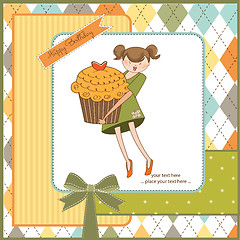 Image showing Happy Birthday card with girl and cup cake