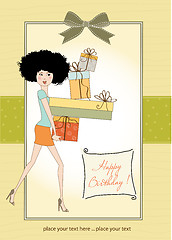 Image showing birthday card - pretty young lady with arms full of gifts