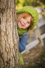 Image showing Portrait of Cute Young Girl Wearing Green Scarf and Hat