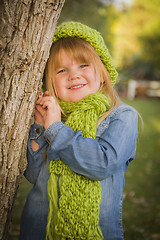 Image showing Portrait of Cute Young Girl Wearing Green Scarf and Hat