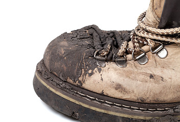 Image showing Old dirty trekking boot. Close-up view.