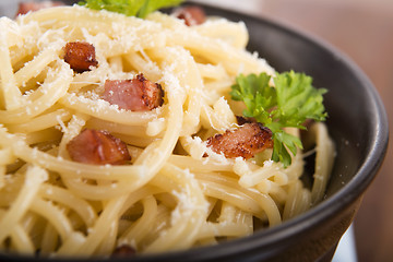 Image showing Pasta Carbonara with bacon and cheese