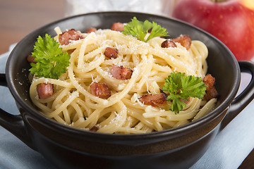 Image showing Pasta Carbonara with bacon and cheese