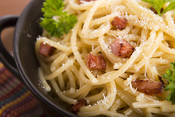 Image showing Pasta Carbonara with bacon and cheese